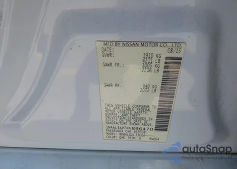 2015 Nissan Altima 2.5/2.5 S/2.5 Sl/2.5 Sv z USA, uszkodzony, nr VIN 1N4AL3AP7FN896470